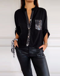 Lea | Damen Casual Top elegant mit glitzernden Pailletten – Schwarz