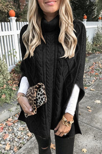 Heidi-Mode | Rollkragen Poncho mit Zopfmuster für Herbst – Schwarz