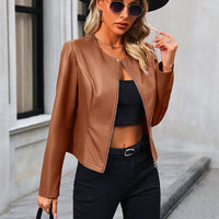 Modische Bikerjacke für Damen | Rundhals – Braun