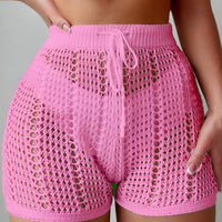 Ajour Kurze Hose mit hoher Taille für Damen, schicke und lässige Strandmode für Urlaub und Freizeit – Rosa