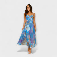 Audrey - Damenkleid mit floralem Design und Trägern - Elegant und Verführerisch – Blau