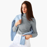 Damen Turtleneck Pullover mit gerippten Bündchen und Saum – Grau