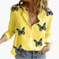 Langarm Damen-Bluse - Vintage Stil mit großen Punkten – Gelb mit schwarzen Punkten und Schmetterlingen