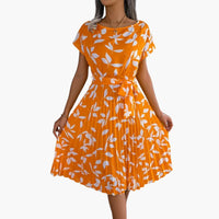Sommerkleid Damen - Blumenkleid mit Gürtel und Kurzarm – Orange