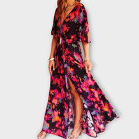 Sabine - Elegantes Wickel-Maxikleid mit Fließendem Schnitt – Schwarz-Rosa