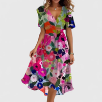 Helga | Damen Blumen Midikleid V-Ausschnitt Romantic Feminin Sommer – Mehrfarbig Floral