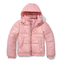 Yazmin - Eine dicke, glänzende Damenjacke mit Kapuze – Rosa