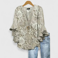 Viviane | Damen Top Blumenmuster Rüschenärmel Romantic Feminin Sommer – Hellbraun