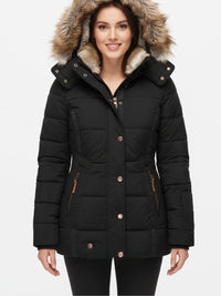 Winterjacke für Damen mit Kunstfellkapuze – Schwarz