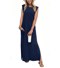 Romaisa | Lässiges langes Kleid mit Schlitz und bügelfrei – Marine