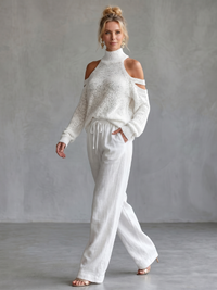 Questa | Offene Schulter Stricktop und Weite Hose Set – Weiß