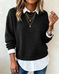 Sophie | Damen Pullover mit Kragen & Patchwork-Design – Schwarz