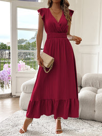 Mara | V-Ausschnitt Maxikleid mit Rüschen Saum – Rot