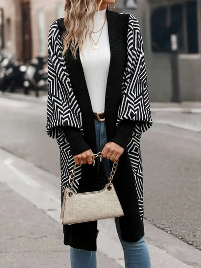 Rerzelha | Moderner geometrischer Strickjacke mit langen Ärmeln und mittlerer Länge
