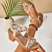 Fely - Sandalen im böhmischen Stil mit Weizenohr-Muster – Beige