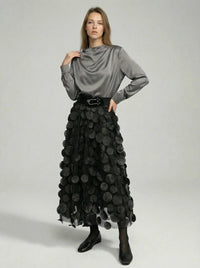 Eleganter Rock mit Polka Dot und Tüll-Patchwork - midi – Schwarz