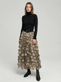 Eleganter Rock mit Polka Dot und Tüll-Patchwork - midi – Beige