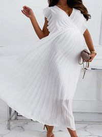 Heidi-Mode Schwangerschafts-Chaps, Maxi-Babyparty-Kleider, Rüschen, Gürtel, plissiert, elegant – Weiß
