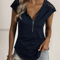 Damen-T-Shirt mit Spitze und Reißverschluss – Dunkelblau