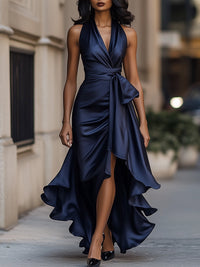 Denira - Schimmerndes drapiertes Wickelkleid – Marine