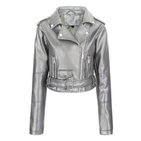Kaya | Leder Langarm Jacke – Silber