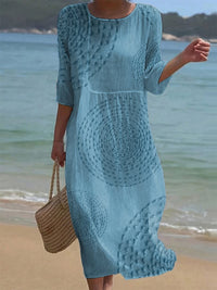 Mira | Luftiges Leinenkleid mit Stickdetails & 3/4-Ärmeln – See-Blau