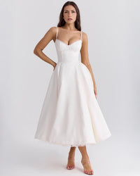 Paula | Duchesse-Satin Midikleid Mit Corsage – Weiß
