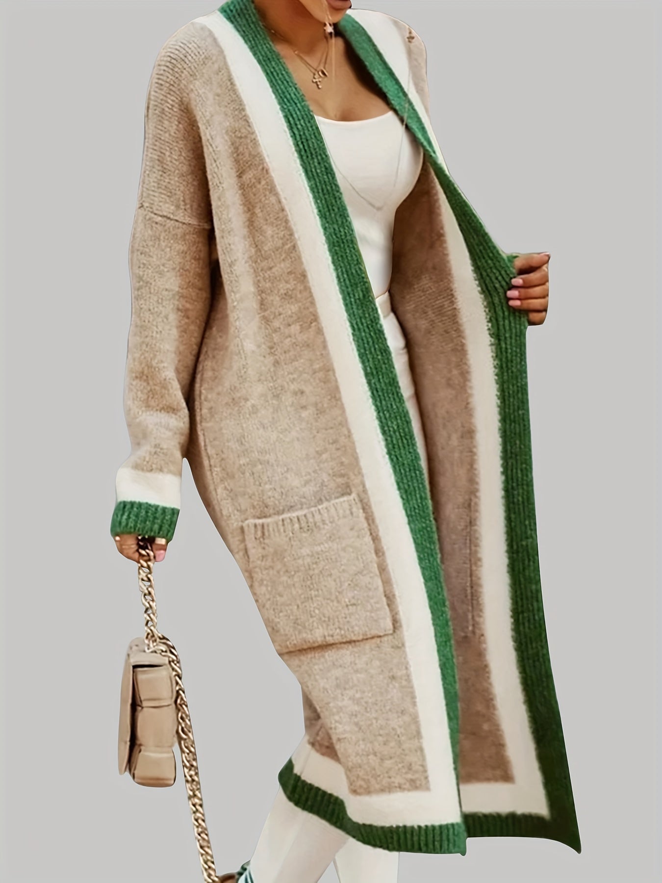 Leymira | Langer Cardigan mit Offener Vorderseite - Farbkontrast-Design