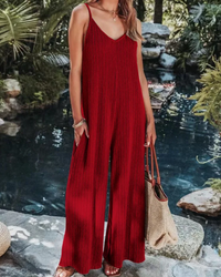 Damen Ärmelloser Gerippter Jumpsuit | Weites Bein – Weinrot