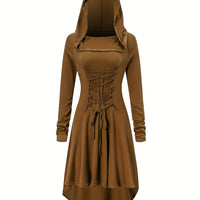 Damen Halloween-Kleid mit Kapuze | Schnürung & Asymmetrischer Saum – Kaffeefarbe