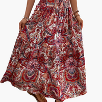 Damen Boho Lange Blumige Elegante Sommermode Rock mit Taschen – Weinrot
