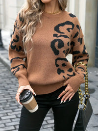 Clivonia | Wildheit und Eleganz Leopardenmuster Rundhalsausschnitt Pullover – Camel