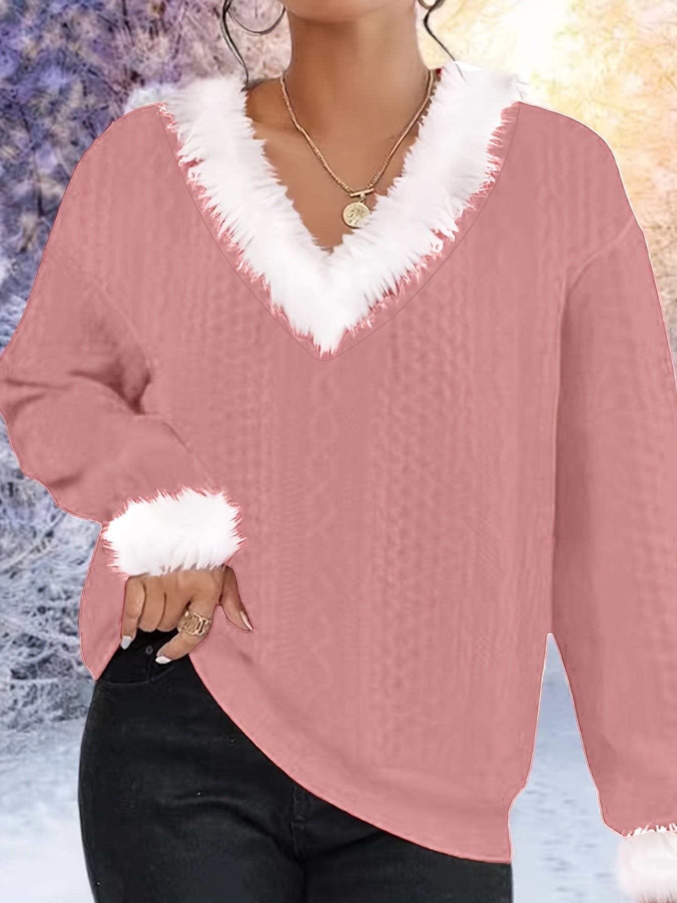 Reivlora | Weihnachtlicher Pullover mit Kunstfellbesatz