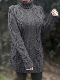 Narda - Klobig Kabel Gestrickt Rollkragen Kleid – Grau