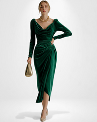 Langarm Samtkleid mit Drapiertem Ausschnitt und Schlitz - Midi – Grün