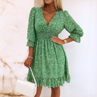 Kim™ | Elegantes Blumenkleid mit Puffärmeln – Grün