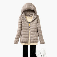 Ultraleichte Daunenjacke mit Kapuze für Damen – KhakiFarbe