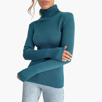 Damen Turtleneck Pullover mit gerippten Bündchen und Saum – Nebelblau