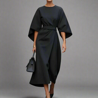 Veronike | Elegantes Kleid mit Laternenärmeln und Gürtel – Schwarz
