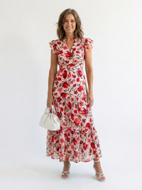 Lila | Floral V-Ausschnitt Schichten Midi Kleid – Rot