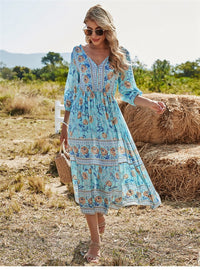 Damen Lässig Blumendruck Ibiza Kleid | Midi – Blau