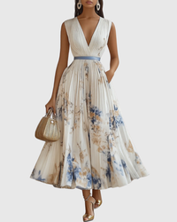 Isabella | Damen Midikleid Ärmellos Plissiert Blumen Elegant Sommer – Weiß