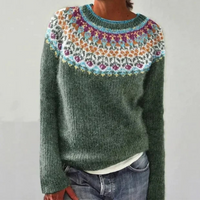 Norweger Grobstrickpullover Damen | Rundhals Langarm Strick – Grün
