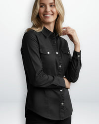 Damen Hemdjacke im klassischen Design mit Brusttaschen – Schwarz