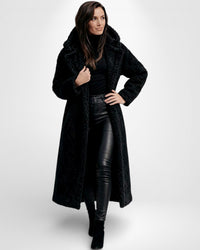 Langer Teddy-Fleece Mantel für Damen mit Kapuze – Schwarz