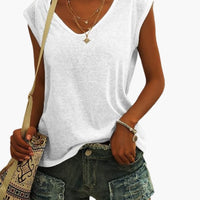 Damen V-Ausschnitt Top mit Cap-Ärmeln und Stretchmaterial – Weiß