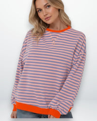 Gestreiftes Oversized Longsleeve für Damen mit überschnittenen Schultern – Rosa