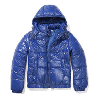 Yazmin - Eine dicke, glänzende Damenjacke mit Kapuze – Blau