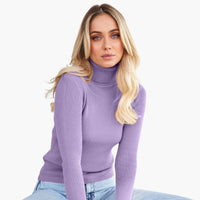 Damen Turtleneck Pullover mit gerippten Bündchen und Saum – Lila