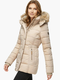 Winterjacke für Damen mit Kunstfellkapuze – Beige